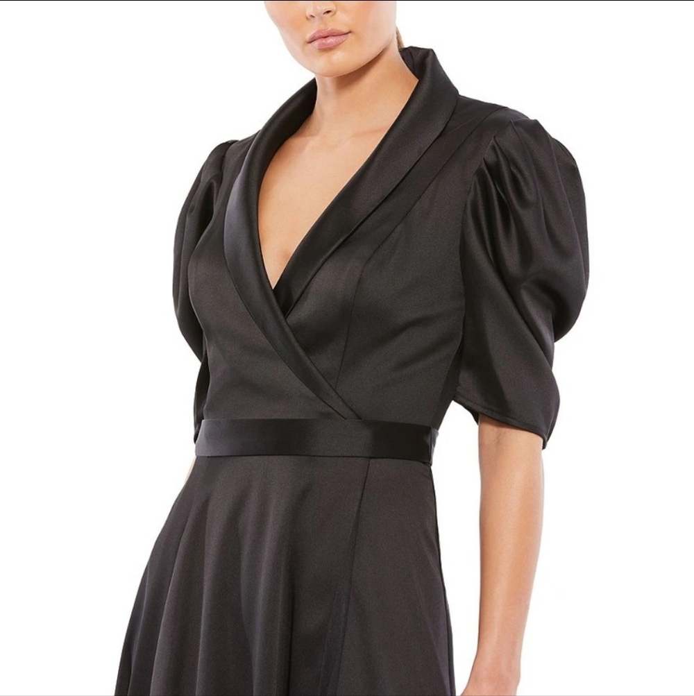 Ieena Mac Duggal Satin Lapel Puff Sleeve Tea Dress Black 12 26628 NWT New - Picture 2 of 9